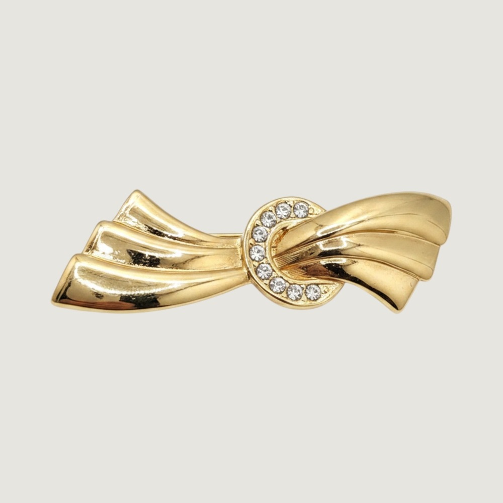 Vintage 80s Gold Tone Sculptural Bow Brooch Rhinestone Power Dressing Statement‎